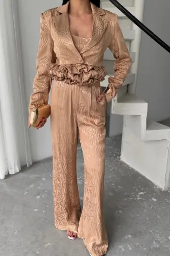 JAKARLI BLUZU TASARIM DETAYLI CEKET-PANTOLON-BLUZ 3 LÜ TAKIM - Bej - 3