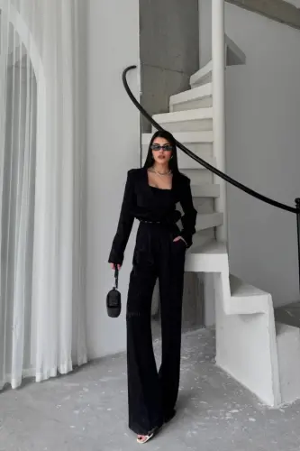 JAKARLI BLUZU TASARIM DETAYLI CEKET-PANTOLON-BLUZ 3 LÜ TAKIM - Siyah - 1