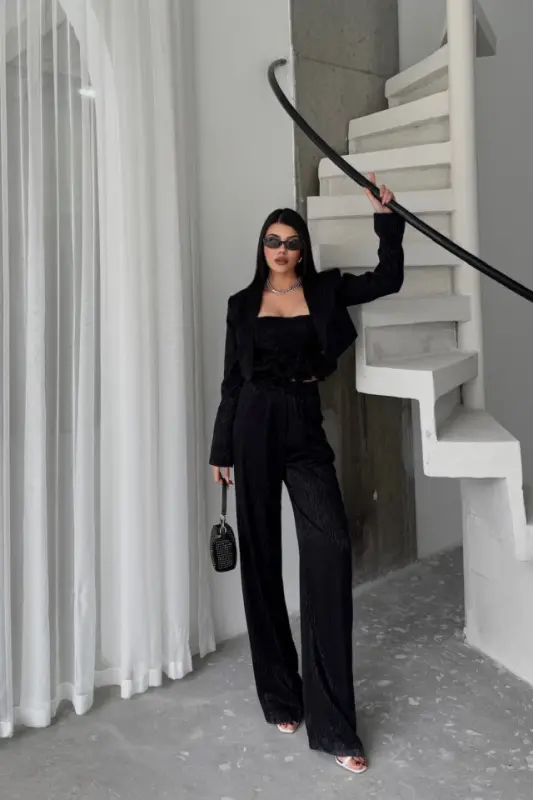 JAKARLI BLUZU TASARIM DETAYLI CEKET-PANTOLON-BLUZ 3 LÜ TAKIM - Siyah - 2