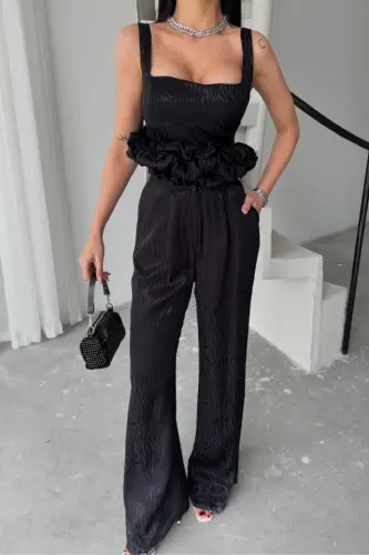 JAKARLI BLUZU TASARIM DETAYLI CEKET-PANTOLON-BLUZ 3 LÜ TAKIM - Siyah - 3