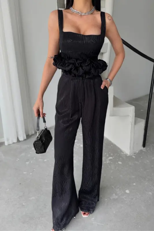 JAKARLI BLUZU TASARIM DETAYLI CEKET-PANTOLON-BLUZ 3 LÜ TAKIM - Siyah - 3