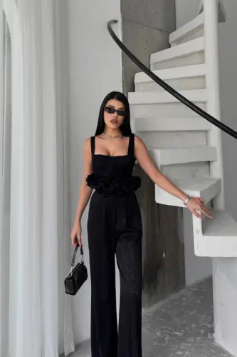 JAKARLI BLUZU TASARIM DETAYLI CEKET-PANTOLON-BLUZ 3 LÜ TAKIM - Siyah - 4