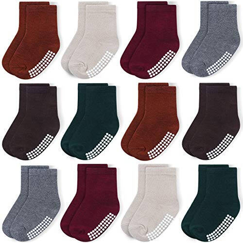 JAKIDAR 12 Pack Baby Socks Cotton Crew Toddler Socks Grips Non Slip Bottom Kids Socks - 31