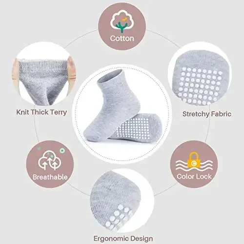 JAKIDAR 12 Pack Baby Toddler Socks Non Slip Grip Cotton Crew Socks for Boys Girls Infants Kids - 2