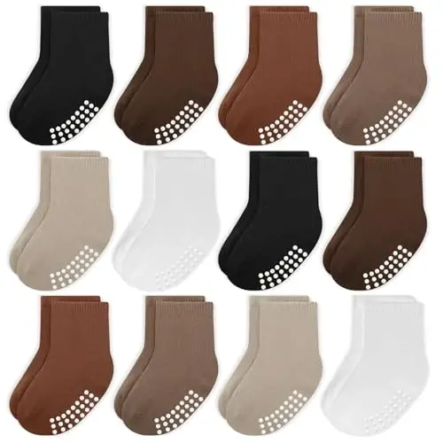 JAKIDAR 12 Pack Baby Toddler Socks Non Slip Grip Cotton Crew Socks for Boys Girls Infants Kids 