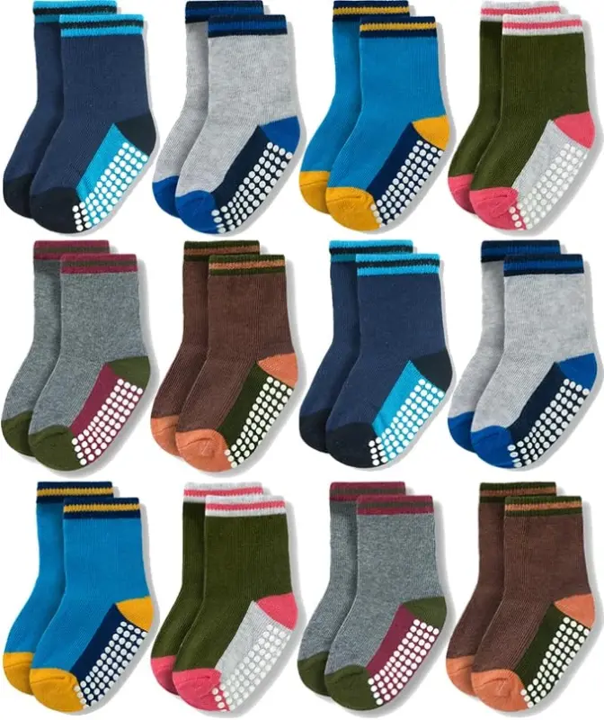 JAKIDAR 12 Pack Baby Toddler Socks Non Slip Grip Cotton Crew Socks for Boys Girls Infants Kids - JAKIDAR