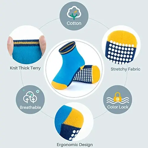 JAKIDAR 12 Pack Baby Toddler Socks Non Slip Grip Cotton Crew Socks for Boys Girls Infants Kids - 3