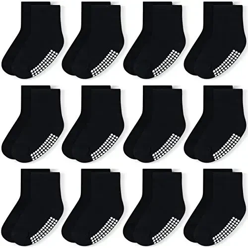 JAKIDAR 12 Pack Baby Toddler Socks Non Slip Grip Cotton Crew Socks for Boys Girls Infants Kids - MODAZONE