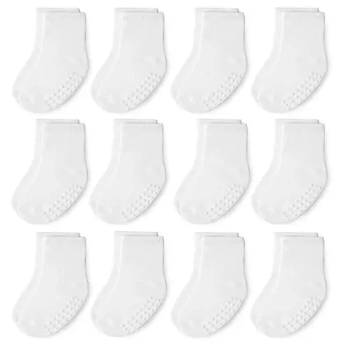 JAKIDAR 12 Pack Baby Toddler Socks Non Slip Grip Cotton Crew Socks for Boys Girls Infants Kids - 1