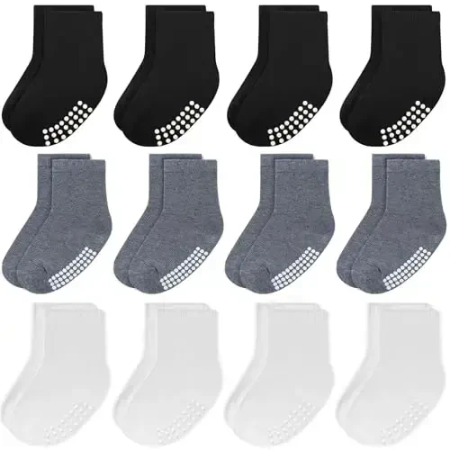 JAKIDAR 12 Pack Baby Toddler Socks Non Slip Grip Cotton Crew Socks for Boys Girls Infants Kids - 1