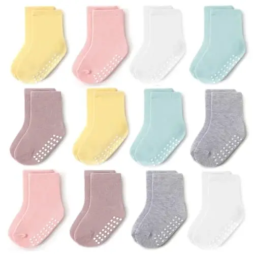 JAKIDAR 12 Pack Baby Toddler Socks Non Slip Grip Cotton Crew Socks for Boys Girls Infants Kids 