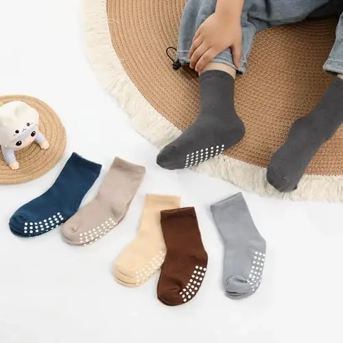 JAKIDAR 12 Pack Baby Toddler Socks Non Slip Grip Cotton Crew Socks for Boys Girls Infants Kids - 5