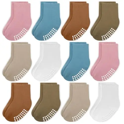 Baby Toddlers Crew Socks with Non-Slip Grip 12 Pack Cotton Stretch Socks | Soft Breathable Cotton, Non-Slip Sole Grips, for Hardwood/Tile Crawling, Walking, Daycare 