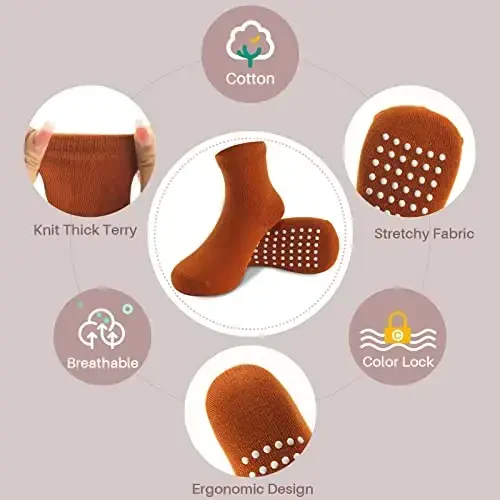 JAKIDAR 12 Pack Baby Toddler Socks Non Slip Grip Cotton Crew Socks for Boys Girls Infants Kids - 3