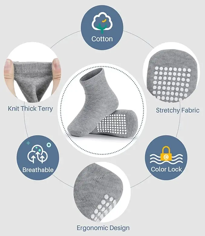 Baby Toddlers Crew Socks with Non-Slip Grip 12 Pack Cotton Stretch Socks | Soft Breathable Cotton, Non-Slip Sole Grips, for Hardwood/Tile Crawling, Walking, Daycare - 2