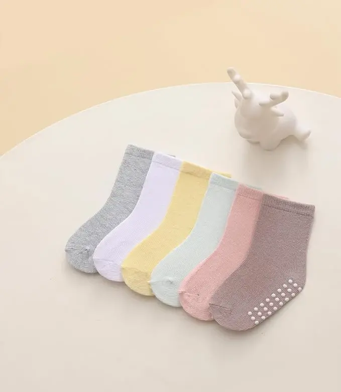 Baby Toddlers Crew Socks with Non-Slip Grip 12 Pack Cotton Stretch Socks | Soft Breathable Cotton, Non-Slip Sole Grips, for Hardwood/Tile Crawling, Walking, Daycare - 6