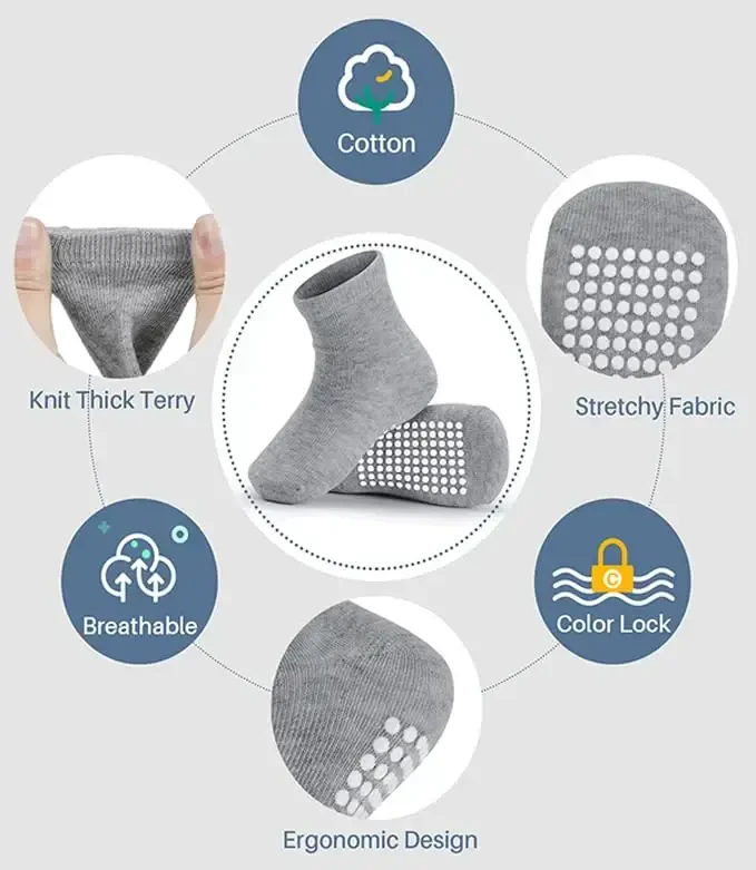 JAKIDAR 12 Pack Baby Toddler Socks Non Slip Grip Cotton Crew Socks for Boys Girls Infants Kids - 2