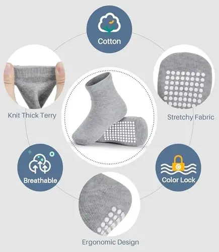 Baby Toddlers Crew Socks with Non-Slip Grip 12 Pack Cotton Stretch Socks | Soft Breathable Cotton, Non-Slip Sole Grips, for Hardwood/Tile Crawling, Walking, Daycare - 5