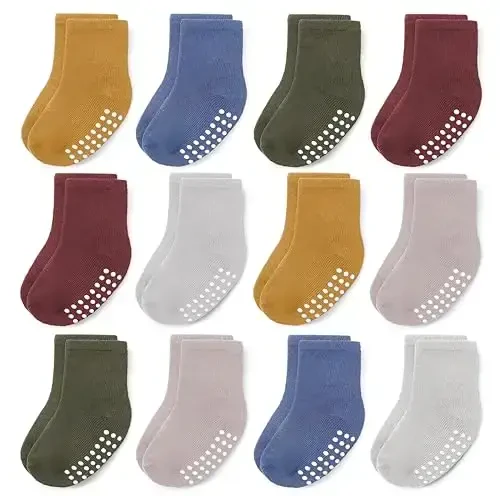 JAKIDAR 12 Pack Baby Toddler Socks Non Slip Grip Cotton Crew Socks for Boys Girls Infants Kids - MODAZONE
