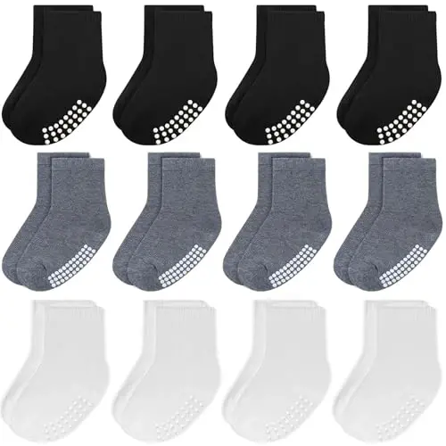 JAKIDAR 12 Pack Baby Toddler Socks Non Slip Grip Cotton Crew Socks for Boys Girls Infants Kids - BABY