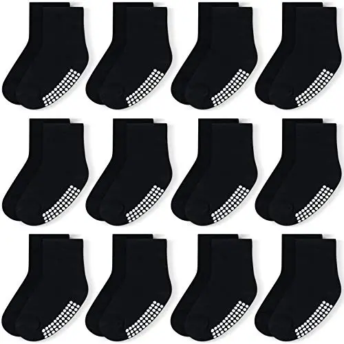 JAKIDAR 12 Pack Baby Toddler Socks Non Slip Grip Cotton Crew Socks for Boys Girls Infants Kids 
