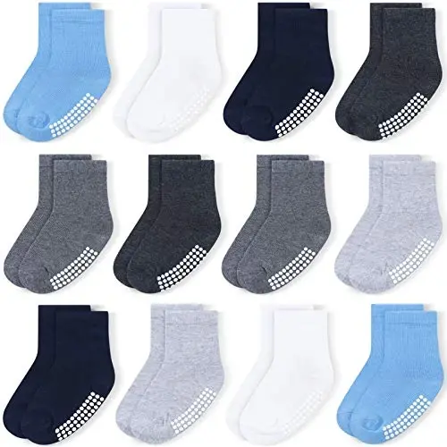 Baby Toddlers Crew Socks with Non-Slip Grip 12 Pack Cotton Stretch Socks | Soft Breathable Cotton, Non-Slip Sole Grips, for Hardwood/Tile Crawling, Walking, Daycare 