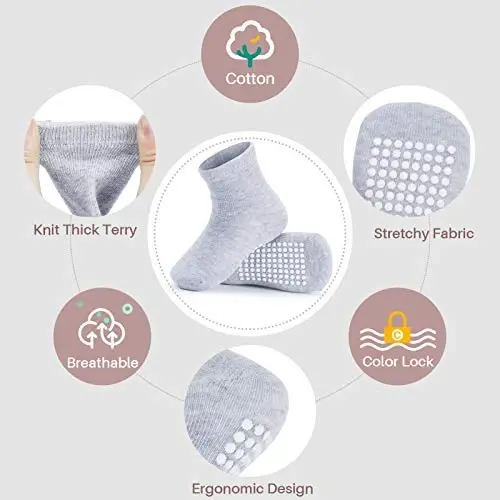 Baby Toddlers Crew Socks with Non-Slip Grip 12 Pack Cotton Stretch Socks | Soft Breathable Cotton, Non-Slip Sole Grips, for Hardwood/Tile Crawling, Walking, Daycare - 3