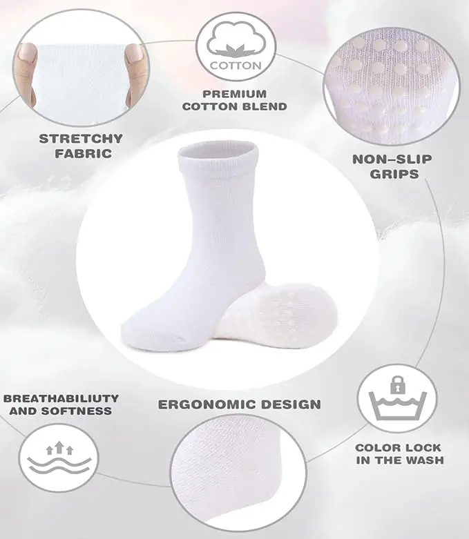JAKIDAR 12 Pack Baby Toddler Socks Non Slip Grip Cotton Crew Socks for Boys Girls Infants Kids - 3