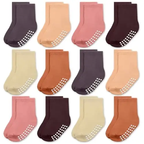 Baby Toddlers Crew Socks with Non-Slip Grip 12 Pack Cotton Stretch Socks | Soft Breathable Cotton, Non-Slip Sole Grips, for Hardwood/Tile Crawling, Walking, Daycare 