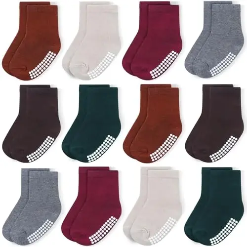 JAKIDAR 12 Pack Baby Toddler Socks Non Slip Grip Cotton Crew Socks for Boys Girls Infants Kids - JAKIDAR