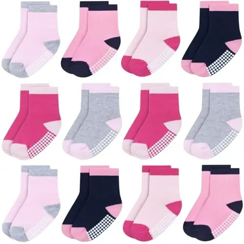 Baby Toddlers Crew Socks with Non-Slip Grip 12 Pack Cotton Stretch Socks | Soft Breathable Cotton, Non-Slip Sole Grips, for Hardwood/Tile Crawling, Walking, Daycare 