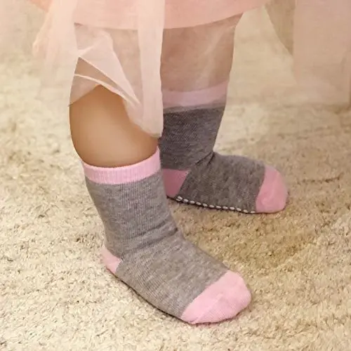 Baby Toddlers Crew Socks with Non-Slip Grip 12 Pack Cotton Stretch Socks | Soft Breathable Cotton, Non-Slip Sole Grips, for Hardwood/Tile Crawling, Walking, Daycare - BABY (1)