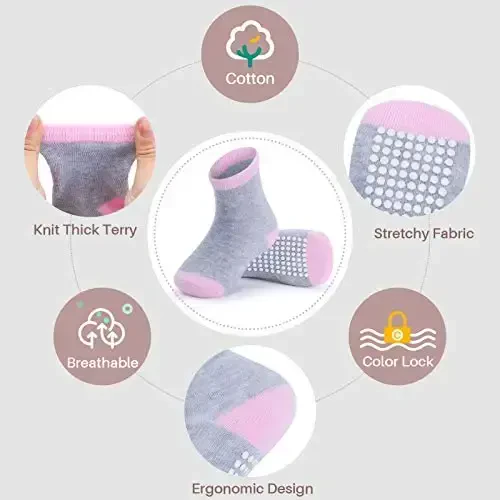 JAKIDAR 12 Pack Baby Toddler Socks Non Slip Grip Cotton Crew Socks for Boys Girls Infants Kids - 3