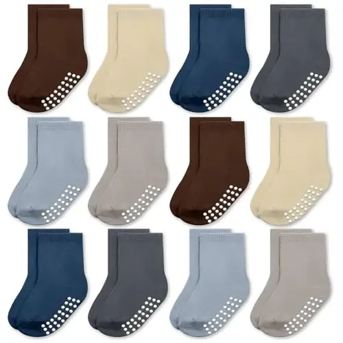 Baby Toddlers Crew Socks with Non-Slip Grip 12 Pack Cotton Stretch Socks | Soft Breathable Cotton, Non-Slip Sole Grips, for Hardwood/Tile Crawling, Walking, Daycare 