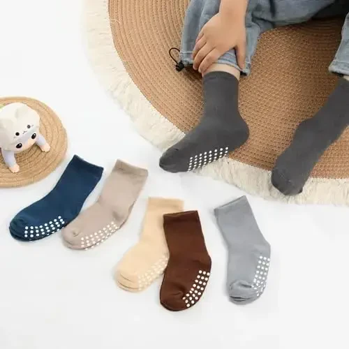 JAKIDAR 12 Pack Baby Toddler Socks Non Slip Grip Cotton Crew Socks for Boys Girls Infants Kids - 4