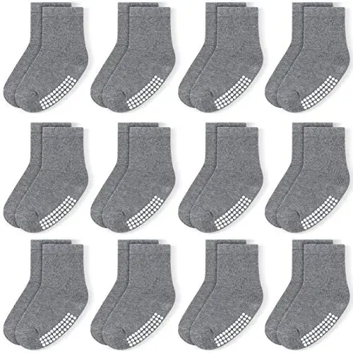 Baby Toddlers Crew Socks with Non-Slip Grip 12 Pack Cotton Stretch Socks | Soft Breathable Cotton, Non-Slip Sole Grips, for Hardwood/Tile Crawling, Walking, Daycare 