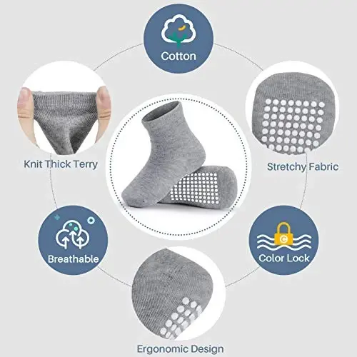 Baby Toddlers Crew Socks with Non-Slip Grip 12 Pack Cotton Stretch Socks | Soft Breathable Cotton, Non-Slip Sole Grips, for Hardwood/Tile Crawling, Walking, Daycare - 4