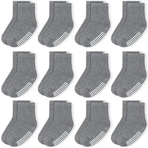 JAKIDAR 12 Pack Baby Toddler Socks Non Slip Grip Cotton Crew Socks for Boys Girls Infants Kids 