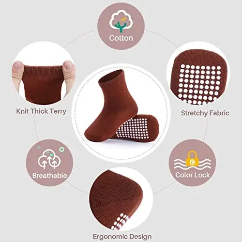 Baby Toddlers Crew Socks with Non-Slip Grip 12 Pack Cotton Stretch Socks | Soft Breathable Cotton, Non-Slip Sole Grips, for Hardwood/Tile Crawling, Walking, Daycare 