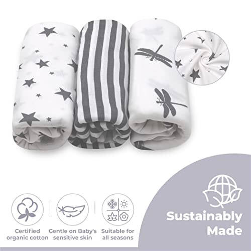 Jam Naturals- Organic Knotted Tie Bottom Adjustable Velcro Swaddle and Hat Set of 3, Newborn Sleep Sack (0-3m, 7-14lbs Grey) - 36