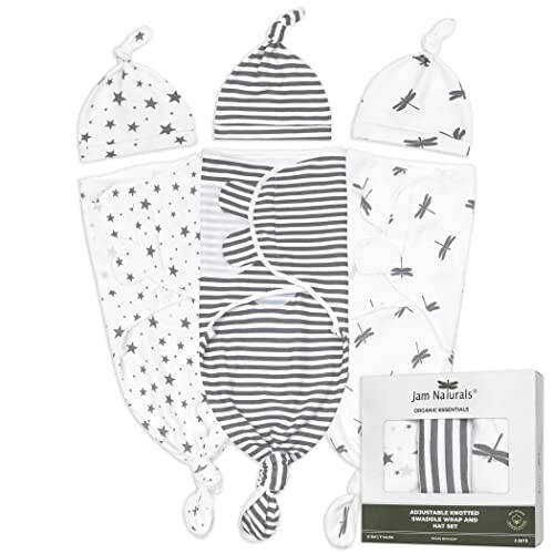 Jam Naturals- Organic Knotted Tie Bottom Adjustable Velcro Swaddle and Hat Set of 3, Newborn Sleep Sack (0-3m, 7-14lbs Grey) - 25
