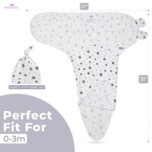 Jam Naturals- Organic Knotted Tie Bottom Adjustable Velcro Swaddle and Hat Set of 3, Newborn Sleep Sack (0-3m, 7-14lbs Grey) - 14
