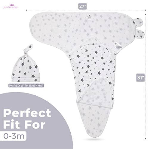 Jam Naturals- Organic Knotted Tie Bottom Adjustable Velcro Swaddle and Hat Set of 3, Newborn Sleep Sack (0-3m, 7-14lbs Grey) - 14