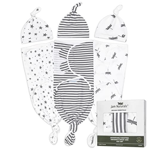 Jam Naturals- Organic Knotted Tie Bottom Adjustable Velcro Swaddle and Hat Set of 3, Newborn Sleep Sack (0-3m, 7-14lbs Grey) - 7
