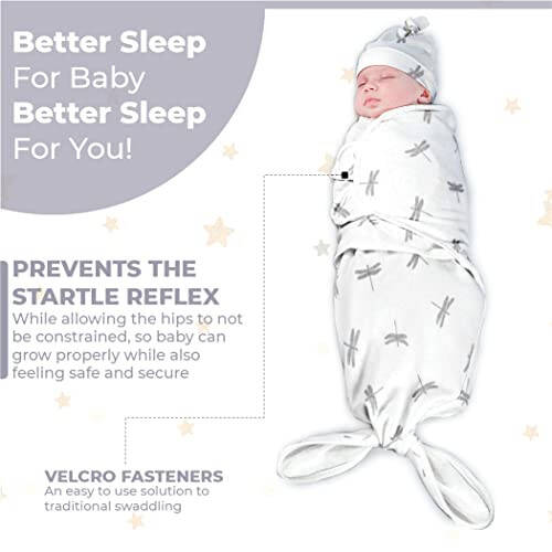 Jam Naturals- Organic Knotted Tie Bottom Adjustable Velcro Swaddle and Hat Set of 3, Newborn Sleep Sack (0-3m, 7-14lbs Grey) - 9