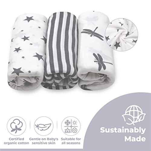 Jam Naturals- Organic Knotted Tie Bottom Adjustable Velcro Swaddle and Hat Set of 3, Newborn Sleep Sack (0-3m, 7-14lbs Grey) - 12
