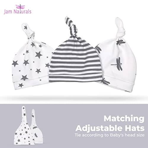 Jam Naturals- Organic Knotted Tie Bottom Adjustable Velcro Swaddle and Hat Set of 3, Newborn Sleep Sack (0-3m, 7-14lbs Grey) - 5