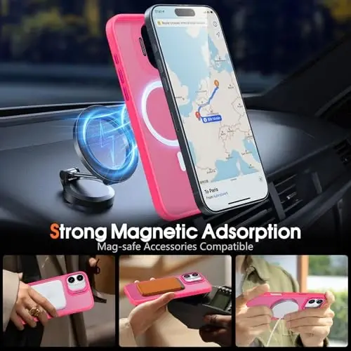 JAME чехол для iPhone 16, [совместим с Magsafe], [военная защита], [с подставкой для камеры] Противоударный тонкий чехол для iPhone 16, 6,1 дюйма, ярко-розовый - 3