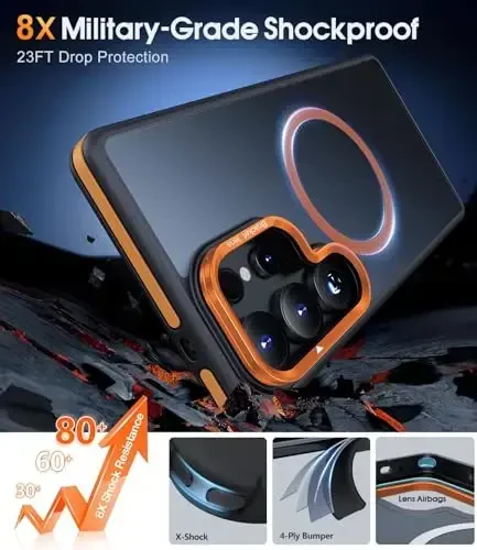 JAME чехол для Samsung Galaxy S25 Ultra, [совместим с Magsafe], [военная защита], [с защитной подставкой для камеры] Противоударный тонкий чехол для телефона Samsung Galaxy S25 Ultra, оранжевый - 5