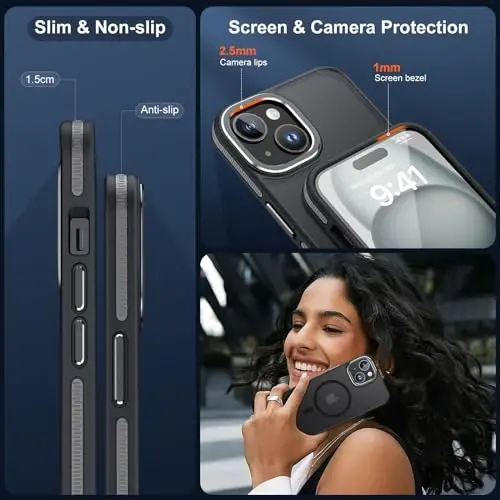JAME для iPhone 15, чехол для iPhone 15 с 2 защитными пленками [совместим с Magsafe][военная защита] Противоударный тонкий чехол для iPhone 15, черный - 5